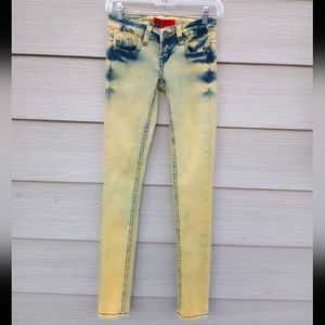 Zana Di acid wash jeans, blue/yellow, straight leg, skinny, size 0, EUC